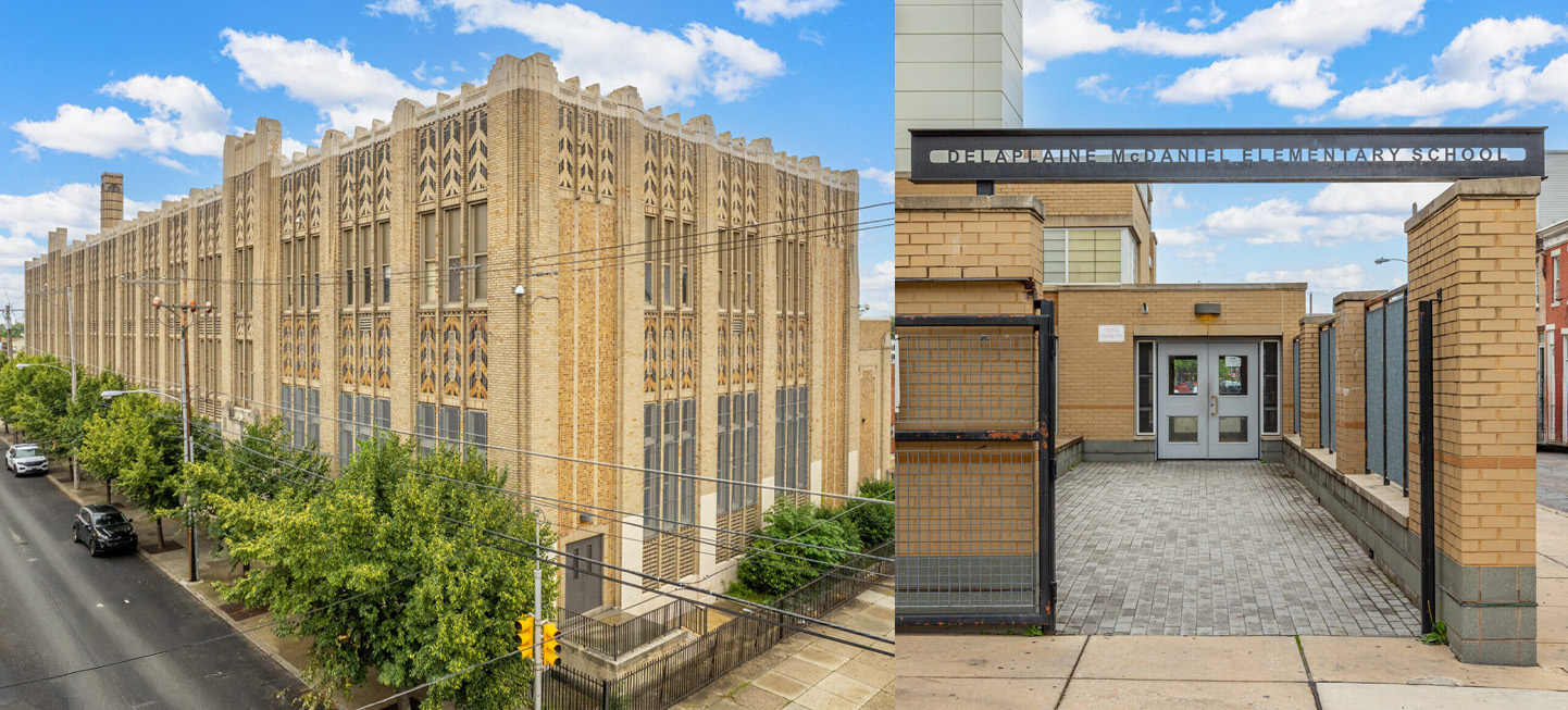 Delaplaine McDaniel School – Philadelphia, Pennsylvania Delaplaine McDaniel School building in Philadelphia, showing the Art Deco–style brick exterior and the main entrance walkway with the school sign overhead.